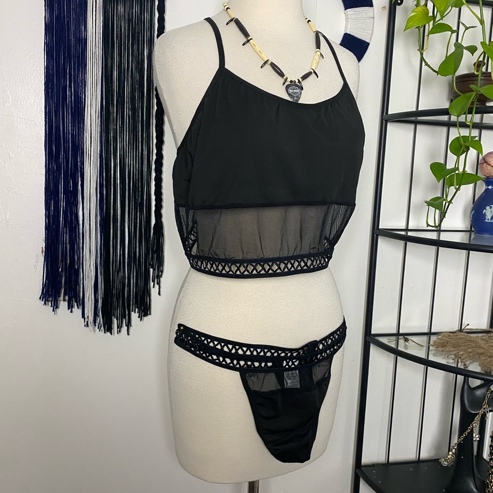 NWOT Shein plus size 2 piece bra panties set black sheer lattice cut outs 3 XL